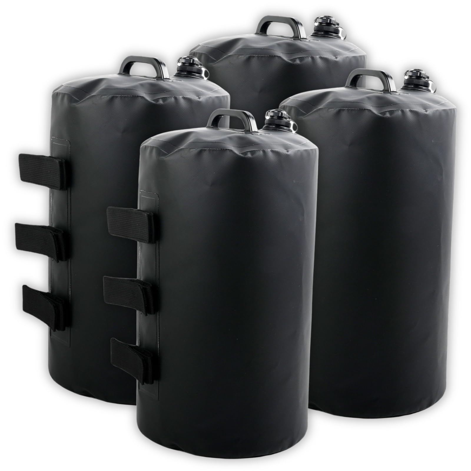 

Rimikuru Tent Weights, Water-Fillable Water Weight Bags, 10kg/20kg Capacity, Black, Slim, for Tarps and Outdoor Use (20L, Set of 4)