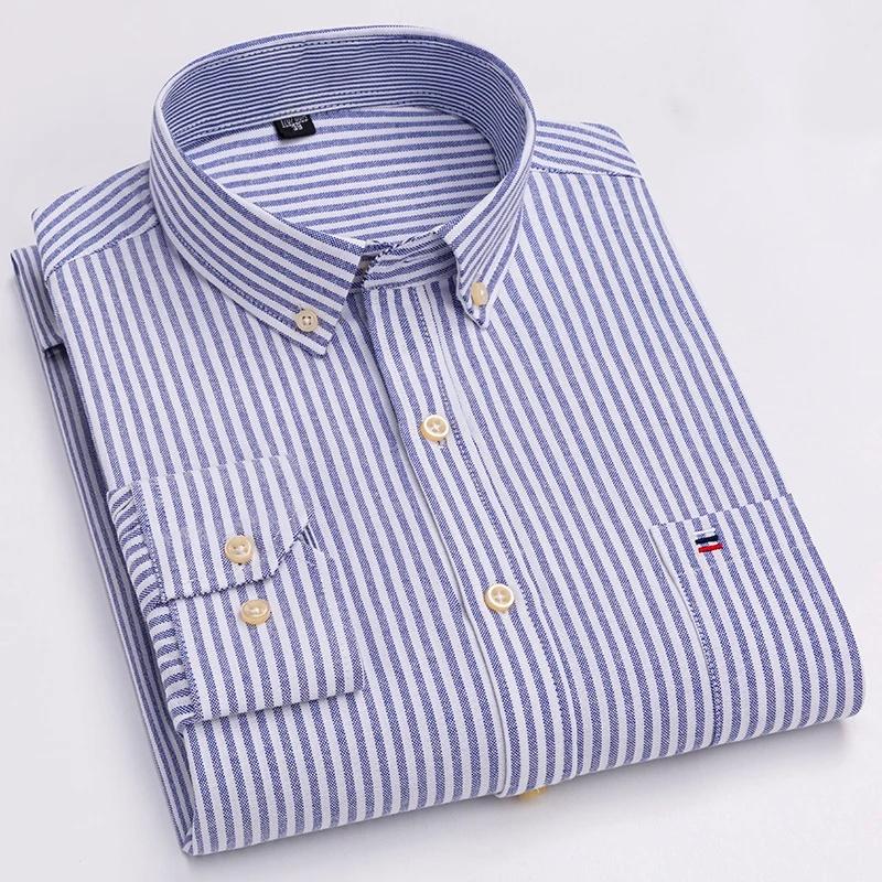 Men Social Shirts Long Sleeve 100% Pure Cotton Oxford Soft Buttoned Plaid Formal Male Clothes Oversized Shirt Plus Size 6XL 7XL