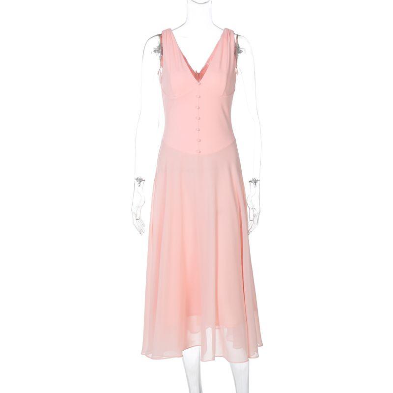 

Shemoda Fashion Style Sexy Deep V-neck Satin Back Zipper Slim Fit Mesh Splicing Sling Dress Long Dress Pink S