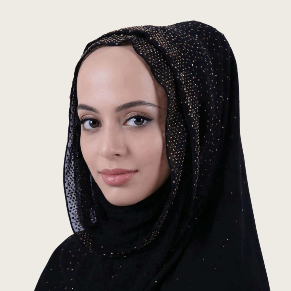 Shiny Full Cover Rhinestone Chiffon Scarf Breathable Soft Prayer Hijab Elegant Solid Color Crinkle Shawl Ethnic Style