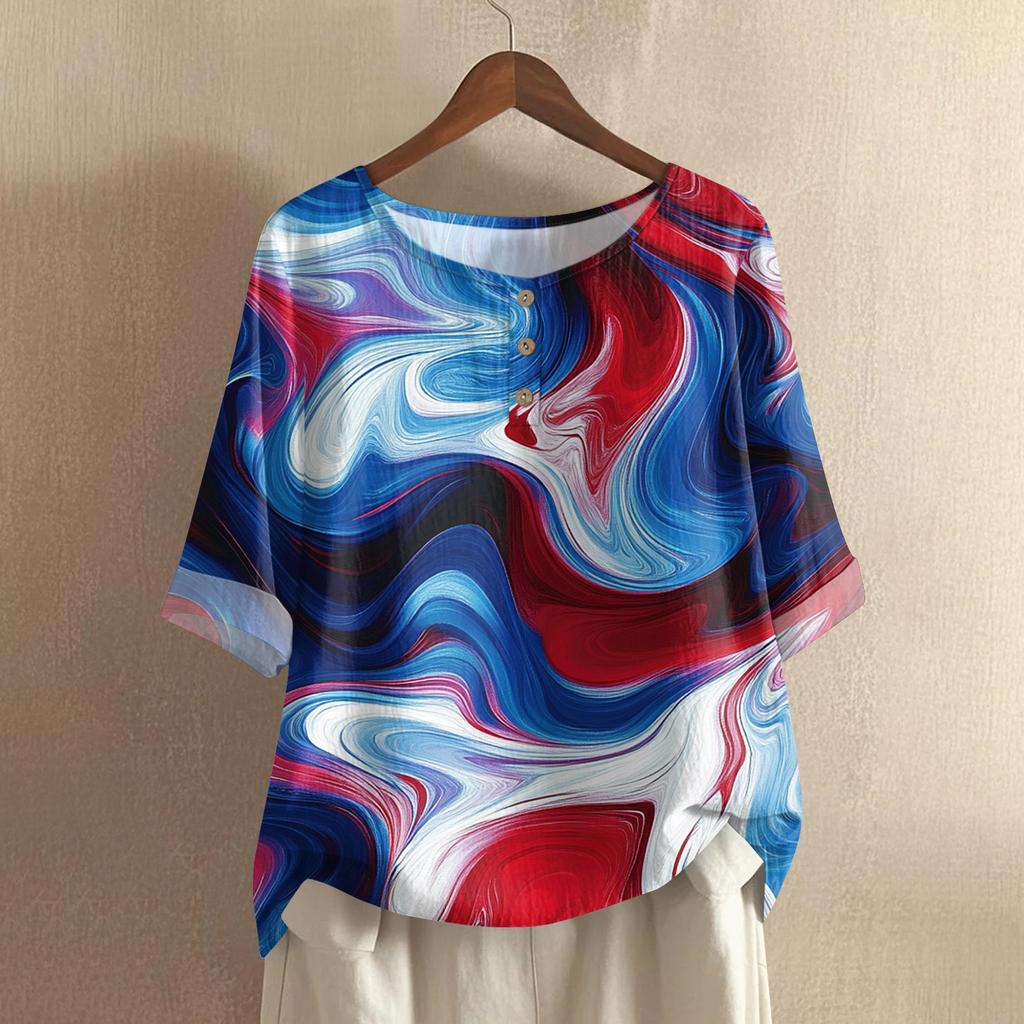 Women's Fashionable And Casual Shirt Half-sleeve Round Neck Print Cotton And Linen Blouse Top