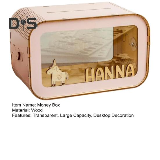 Transparent Trälåda för Pengar Stor Kapacitet Spargris Mynt Kontantbehållare Barn Vuxna DIY Tecknad Pengasparande Fodral Förvaringsburk Dekoration