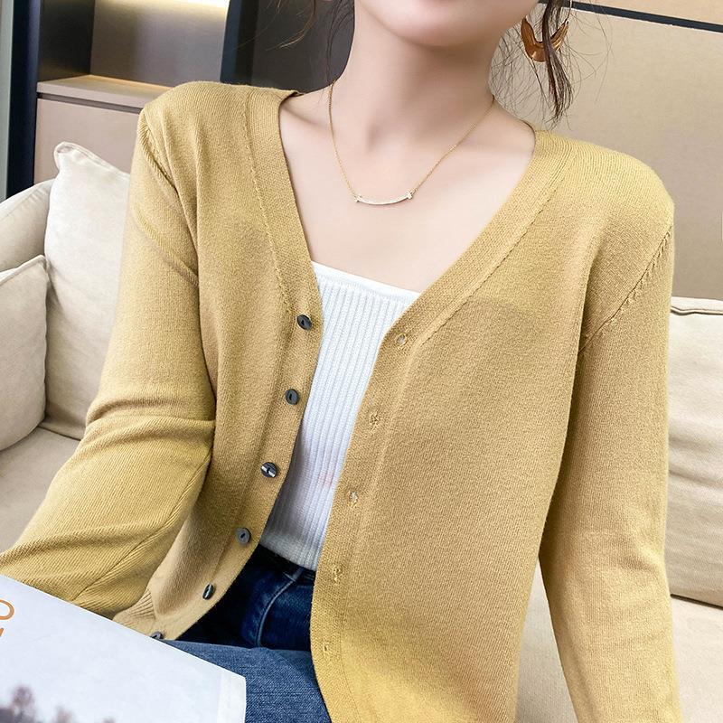 Nowa koszulka bazowa kardigan z dekoltem w serek krótki sweter zewnętrzny damski luźny płaszcz kardigan dzianinowy z długim rękawem