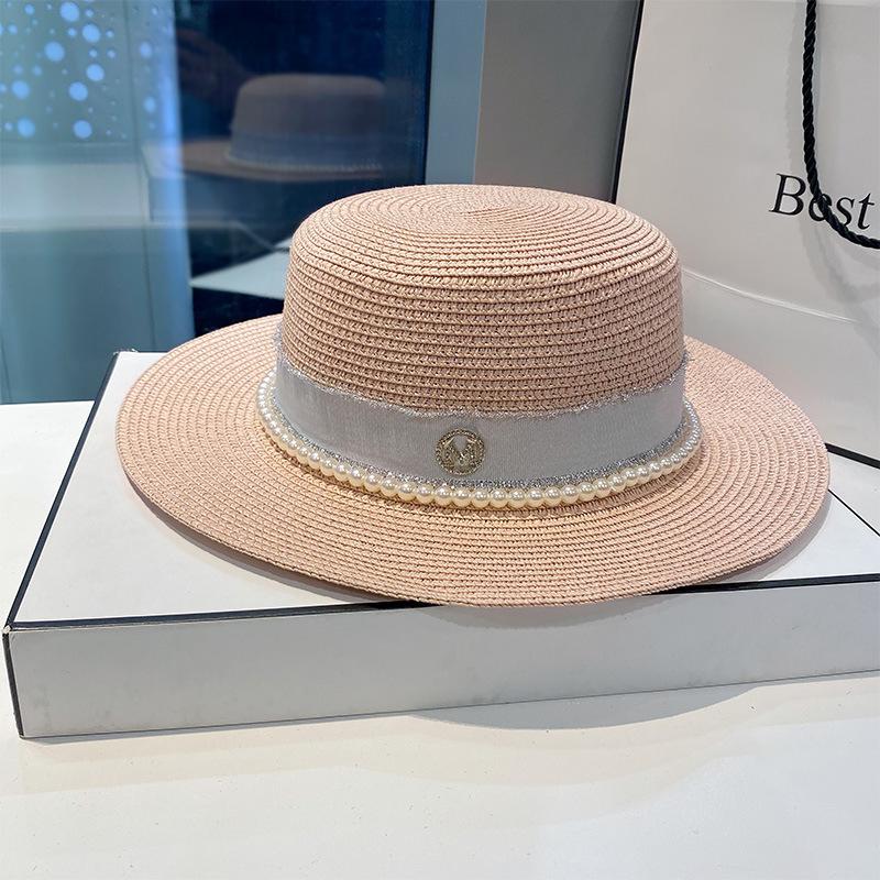 Straw hat women's spring and summer versatile pearl M letter flat top top top hat big brim sunshade sunscreen beach hat shows small face