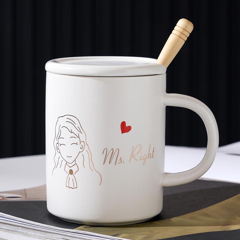 Couple Suit with Cover Spoon Ceramic Cup Opening Small Gift Mug for Girls High Temperature Resistance Large Capacity Water Cup for Household Use