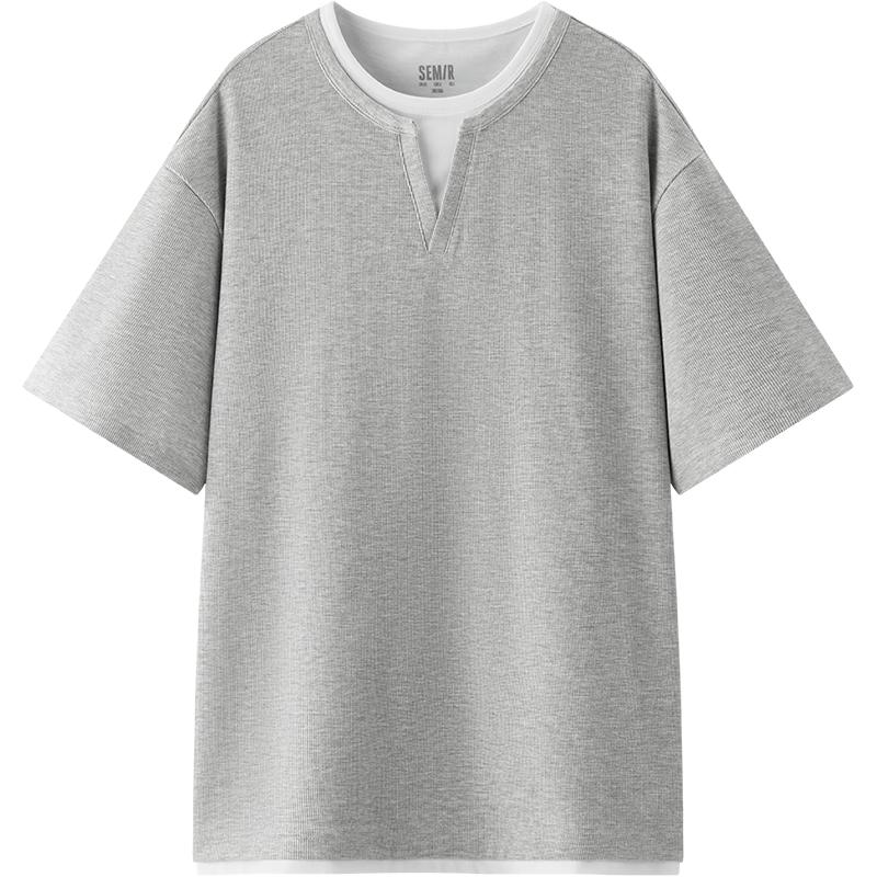 Semir Men's Waffle Knit Color Block Faux Layer Short Sleeve T-Shirt