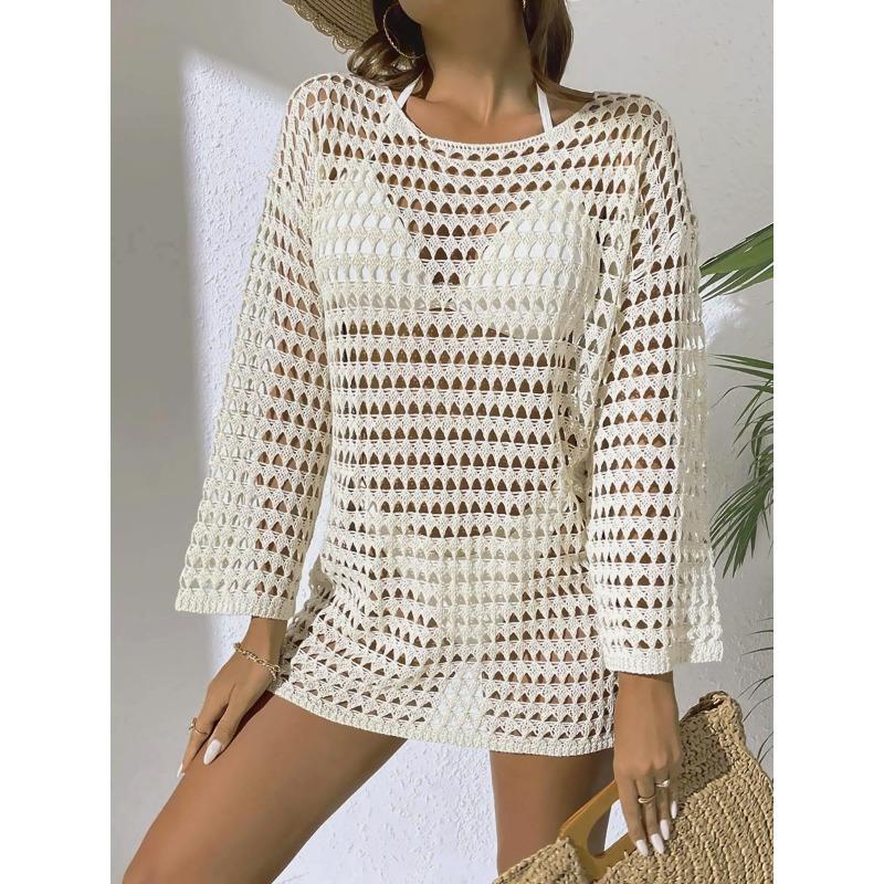 Women S Sexy Hollow Out Knit Long Sleeve Beach Cover Up Dress