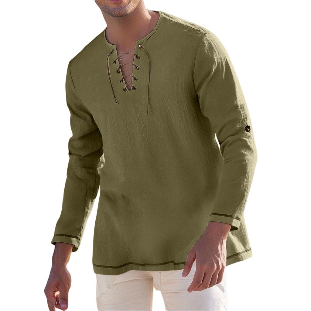 Men's Casual And Fashionable Cotton And Linen Solid Color Round-neck Long-sleeved