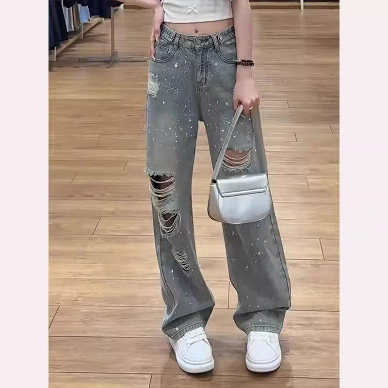 Women's Spring/Summer 2025 Rhinestone Ripped Wide-Leg Jeans - Plus Size, Light Wash, Floor-Length, Straight Leg.