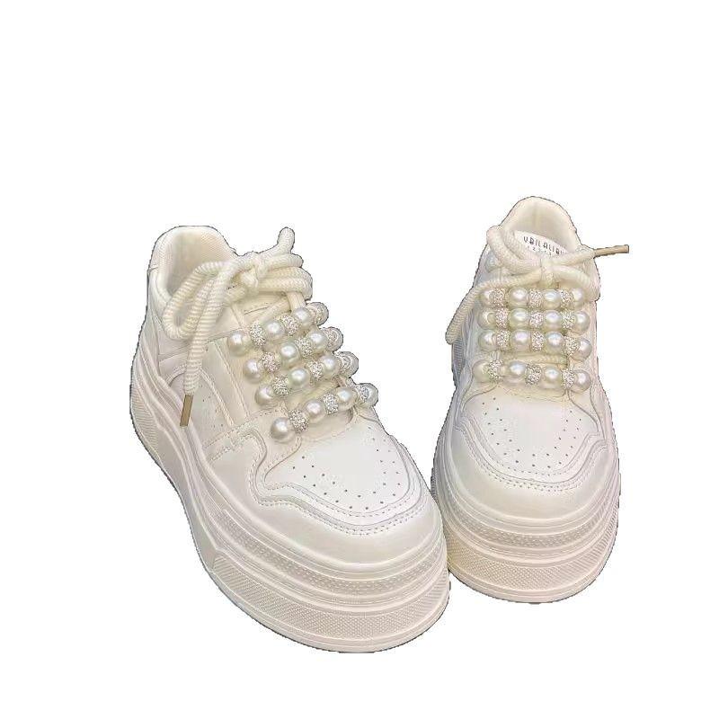 Thick-soled Autumn New Versatile Muffin Shoes Breathable Pearl Design Sense Heightened Casual Women's Board Shoes