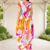 Women Plus Size Round Neck Short Sleeve Blue White Printed Loose Maxi Dress With Side Pockets