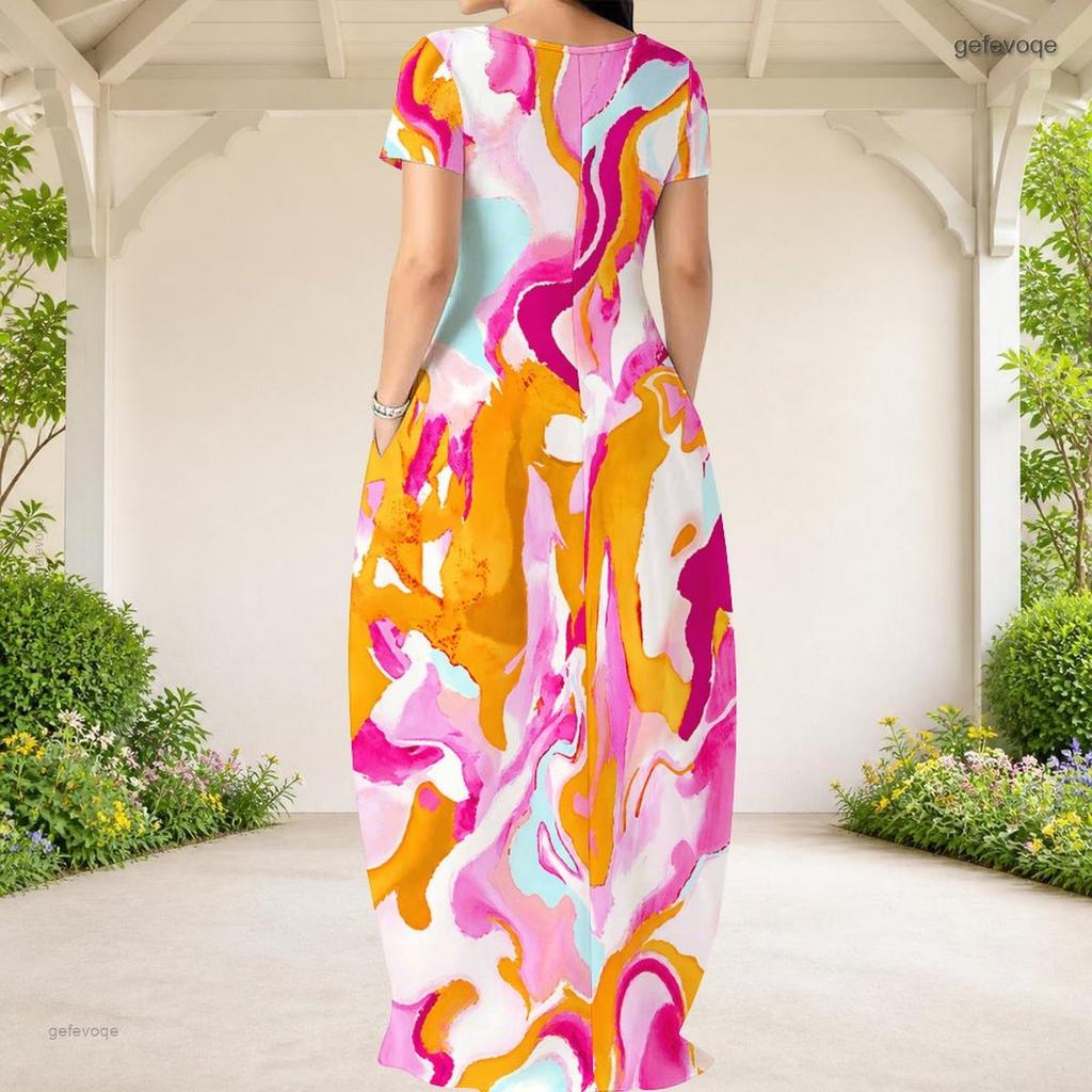 Women Plus Size Round Neck Short Sleeve Blue White Printed Loose Maxi Dress With Side Pockets