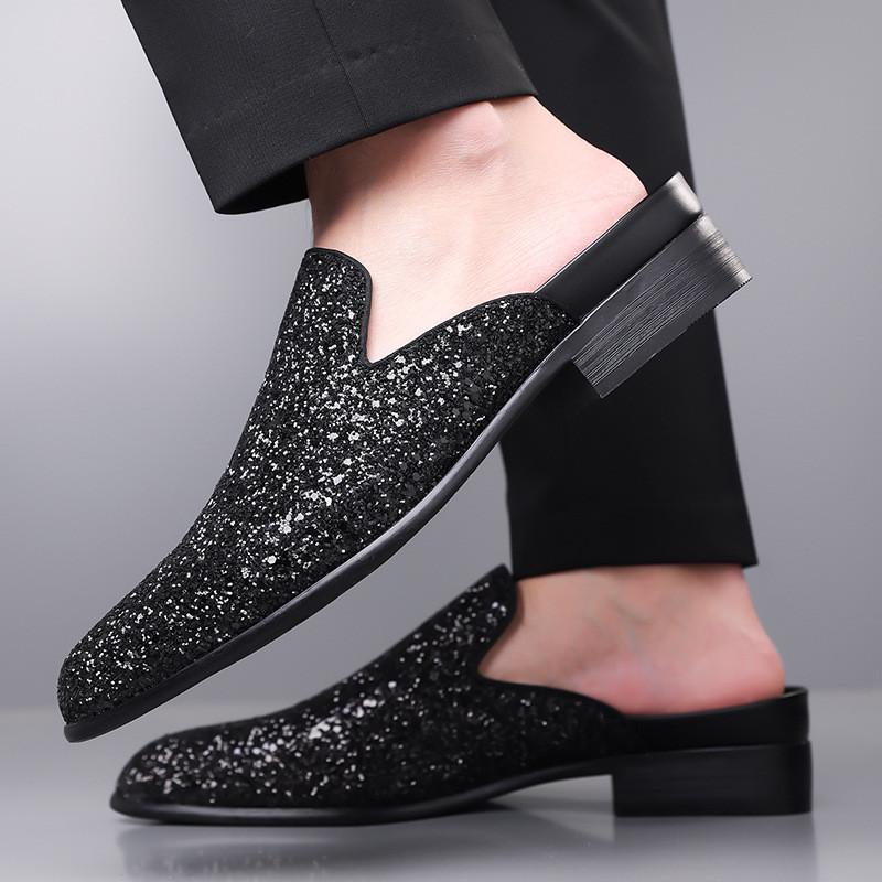 Mode Neue Luxus Designer Herren Gold Pailletten Lackleder Halbschuhe Für Männer Hip-Hop Mules Sandalen Lässige Loafer Hausschuhe