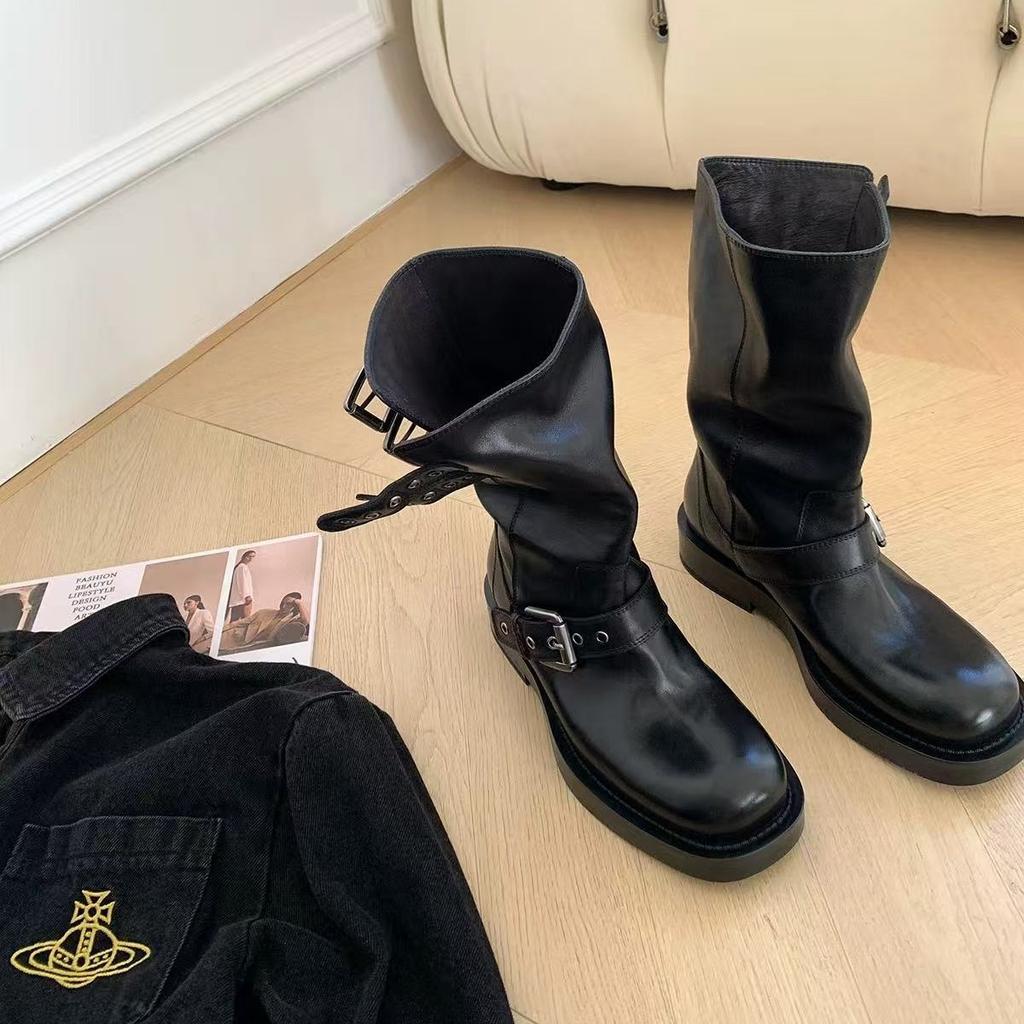 [Washed horse skin] Skinny buckle short boots women's heightened thick soles 2025 autumn and winter new thin boots spring and autumn short boots