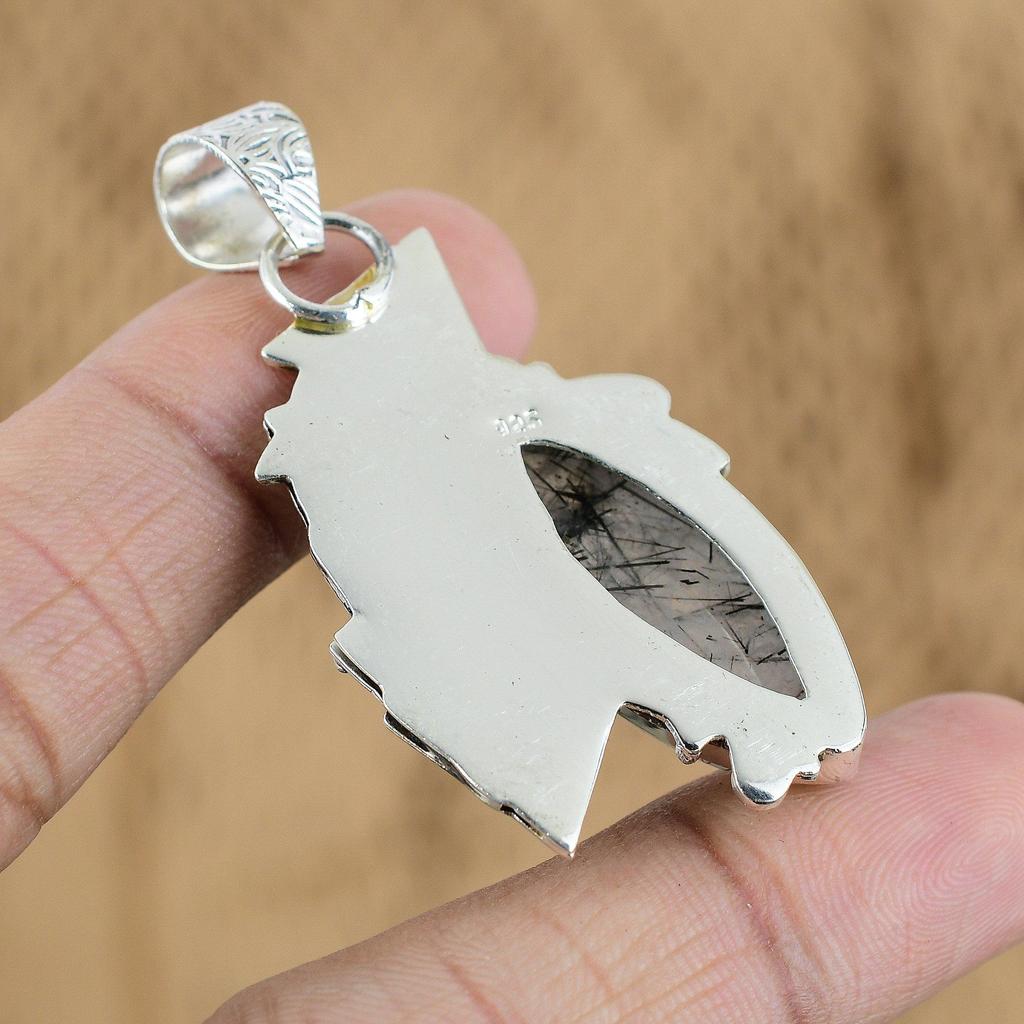 Natural Black Rutile Gemstone Pendant 925 Sterling Silver Jewelry For Women
