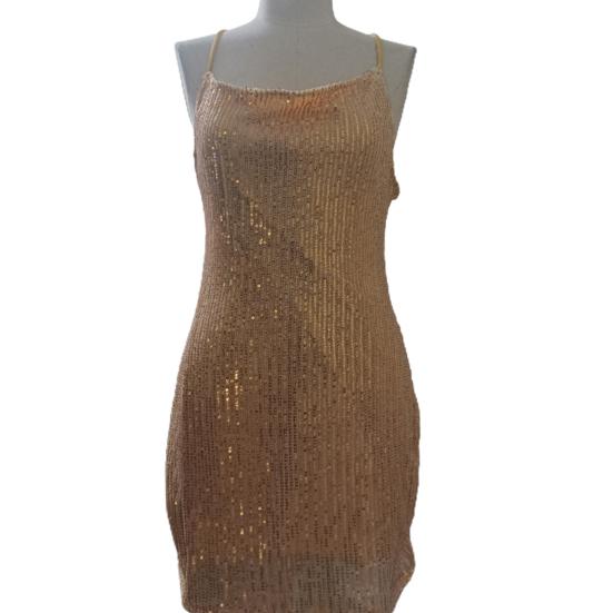 Damenkleid mit V-Ausschnitt, Spaghettiträger, glänzende Pailletten, rückenfrei, weich, ärmellos, schmale Passform, über dem Knie, Länge, Party, Club, Minikleid