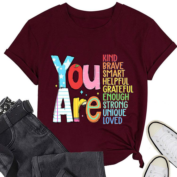 Summer New Short Sleeve Tshirt You Are Kind Brave Smart Print Loose Casual Round Neck Top Womens Fashion Allmatch Pullover