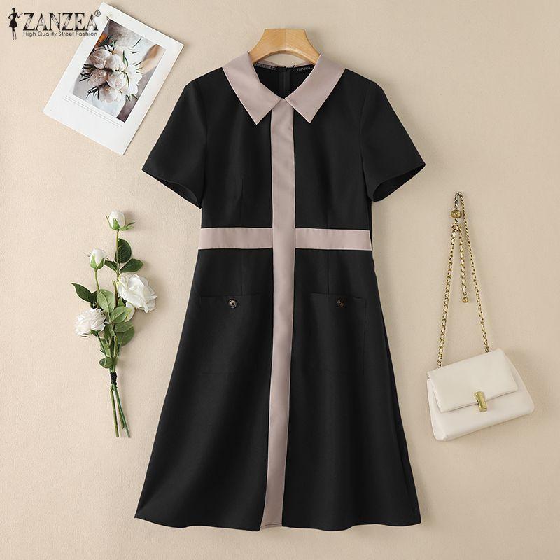 ZANZEA Women Casual Splice Turn Down Collar Loose Short Sleeve Dress