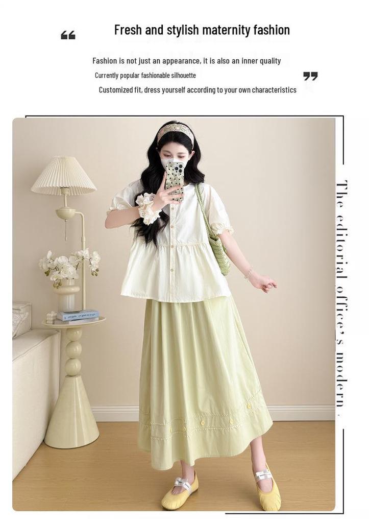 2026 Stylish & Chic Apricot Doll Blouse with Round Neck + Fresh Green Midi Skirt