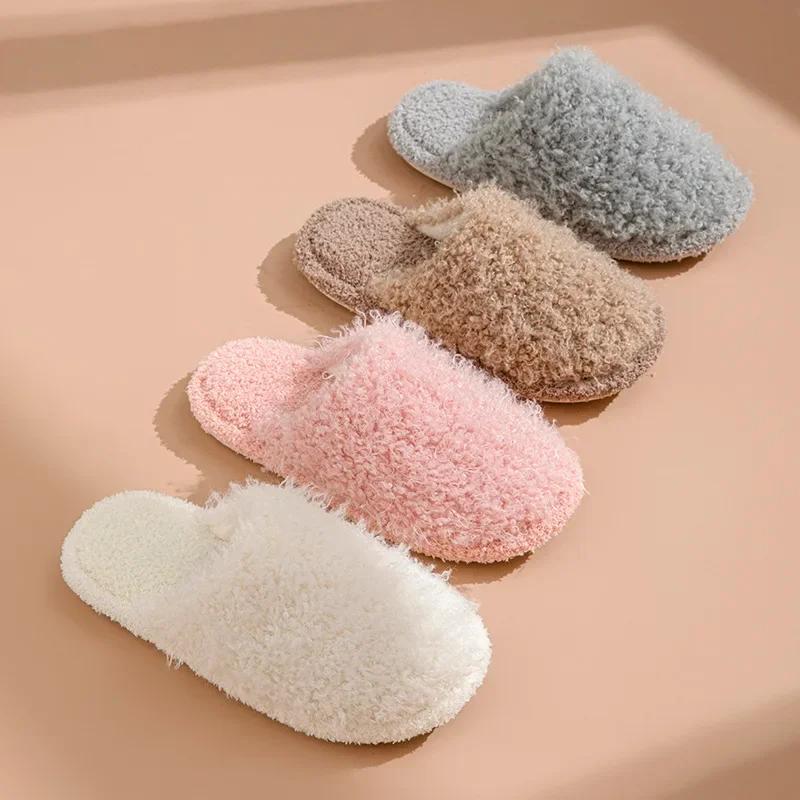Fashion Women's Slippers 2024 New Autumn Winter Rolled Cotton Plush Flat Toe Comfort Warm Lightweight Home Flat Bottomed Cotton Slippers