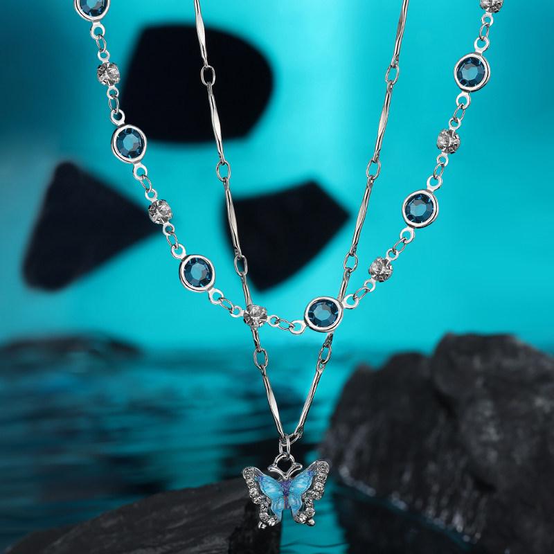 Double Layer Deep Blue Butterfly Pendant Necklace for Women - Chic, Layered Clavicle Chain with Light Luxury, High-End Niche Design