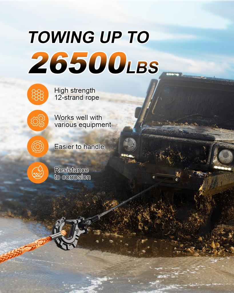 Kolvoii Winch Rope Extension 3/8" X 50' 26.6lb, Synthetic Winch Extension Cable Line for