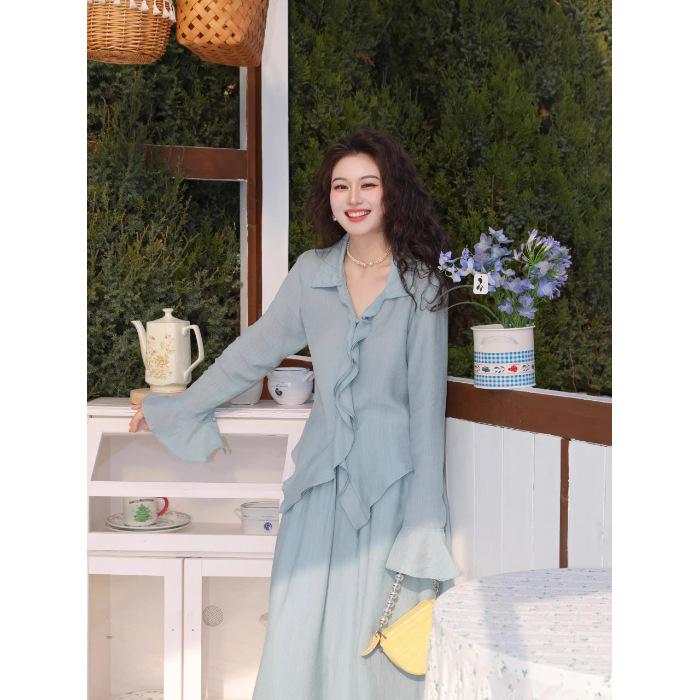 Early autumn French gentle wind long-sleeved dress women's summer high-end long dress two-piece set