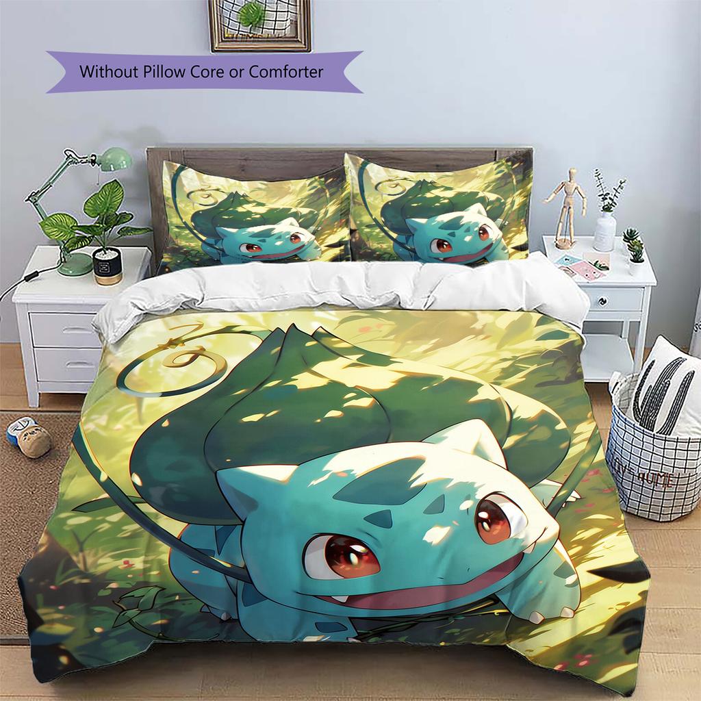 Pokémon Bulbasaur Pattern Bedding Home Decoration Birthday Gift (1 * Duvet Cover + 2 * Pillowcase, Without Core)