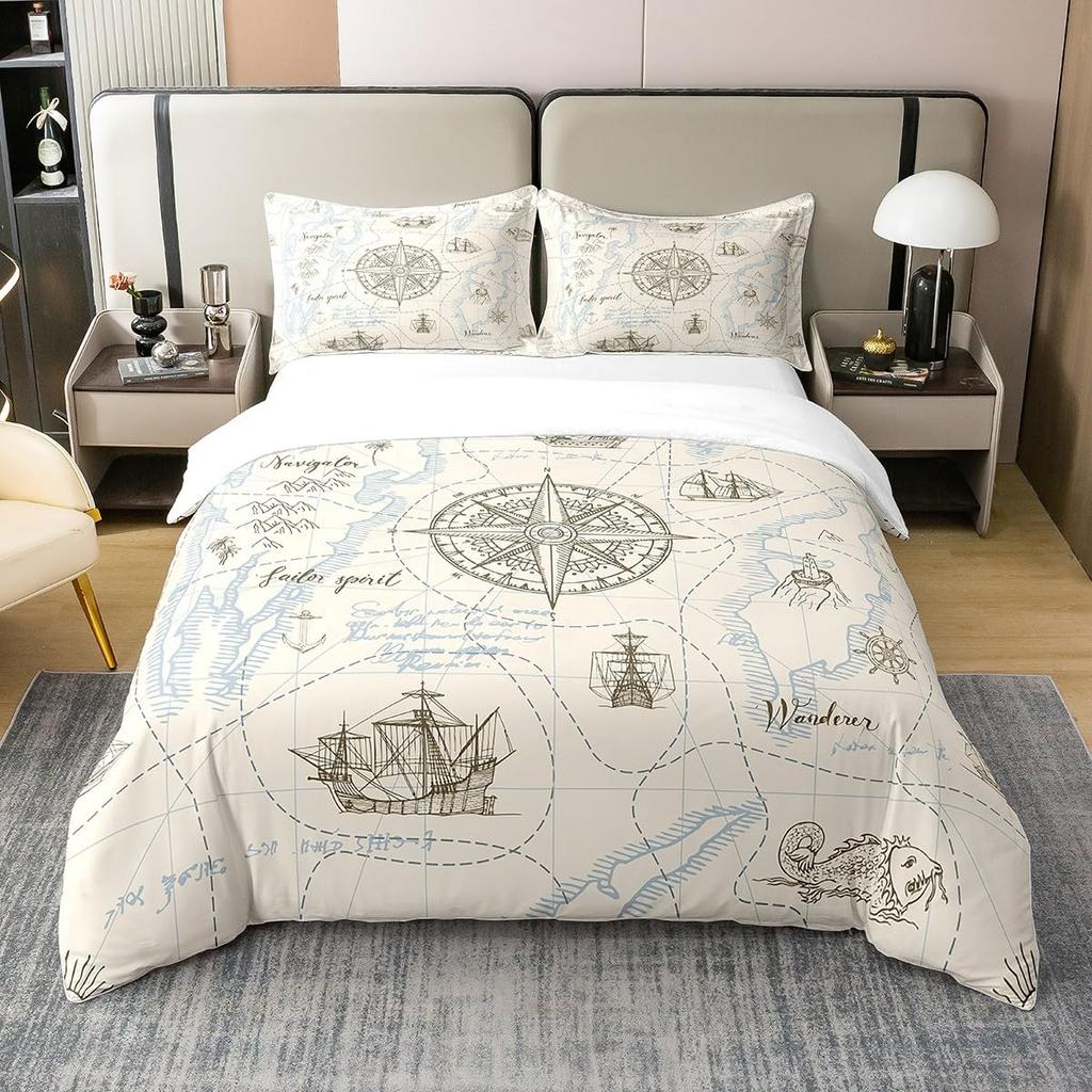 Compass Print Comforter Cover For Children Kids Boys Girl Bedding Set Vinatge World Duvet Cover Ocean Room Decor Queen Full Size