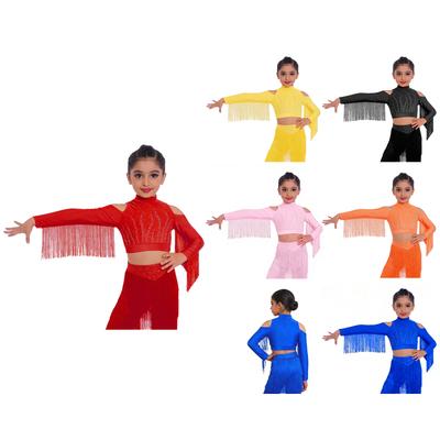 Girls Latin Dance Tops Tassels Long Sleeves Back Invisible Zipper Shiny Rhinestones Crop Top