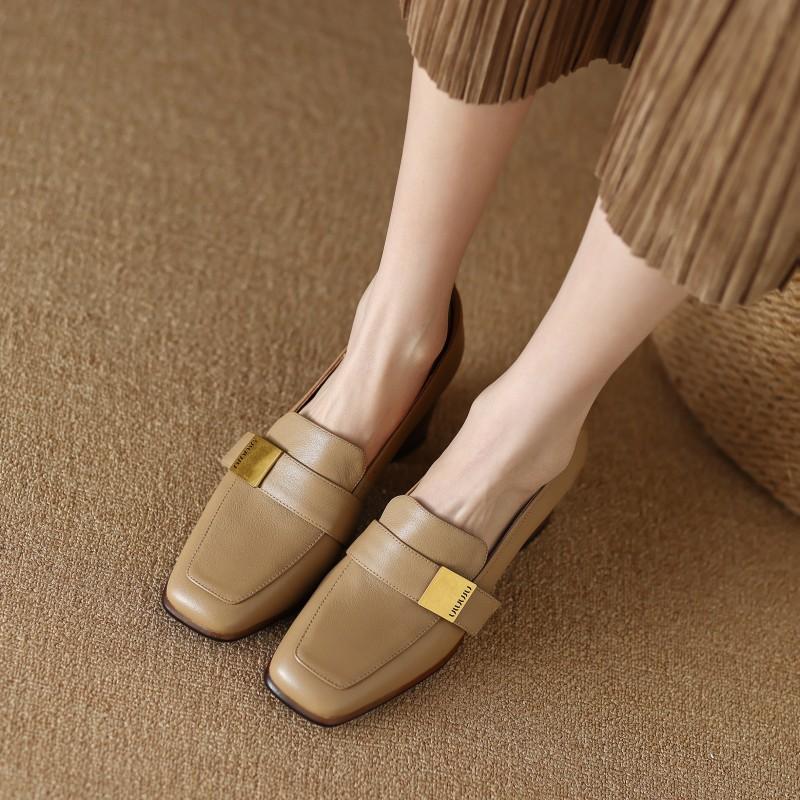 French Leather Single Shoes Women'S Versatile Square Head High Heels Women'S Thick Heel Retro British Casual Small Leather Shoes