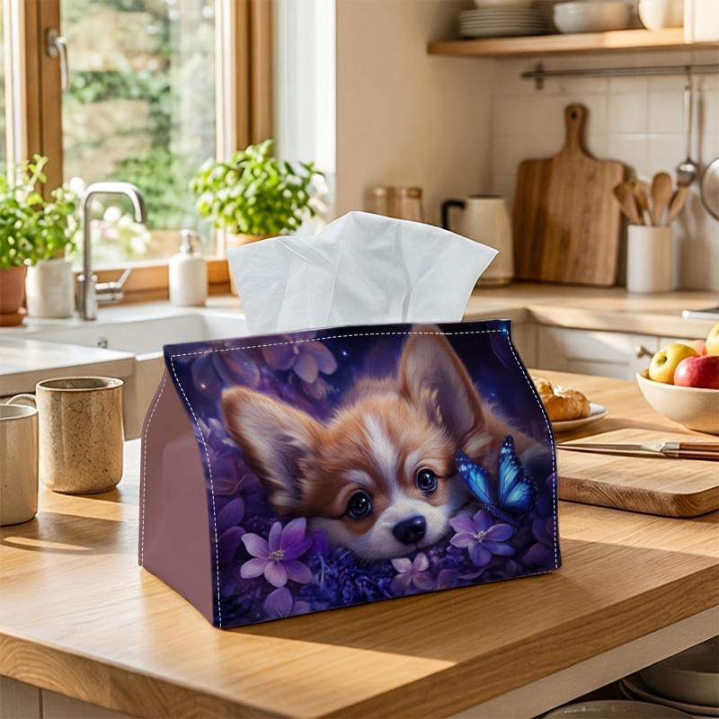 1pc Party Tissue Box, Cute Dog Design, Versatile Tissue Holder, Purple Butterfly Animal Illustration, Supplies for Outdoor Gatherings, Daily Desktop T