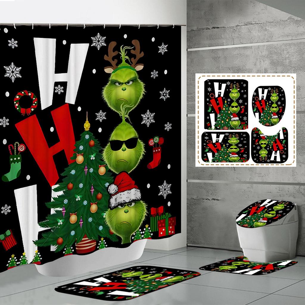 Christmas Waterproof Polyester Shower Curtain Mat Set Of Four