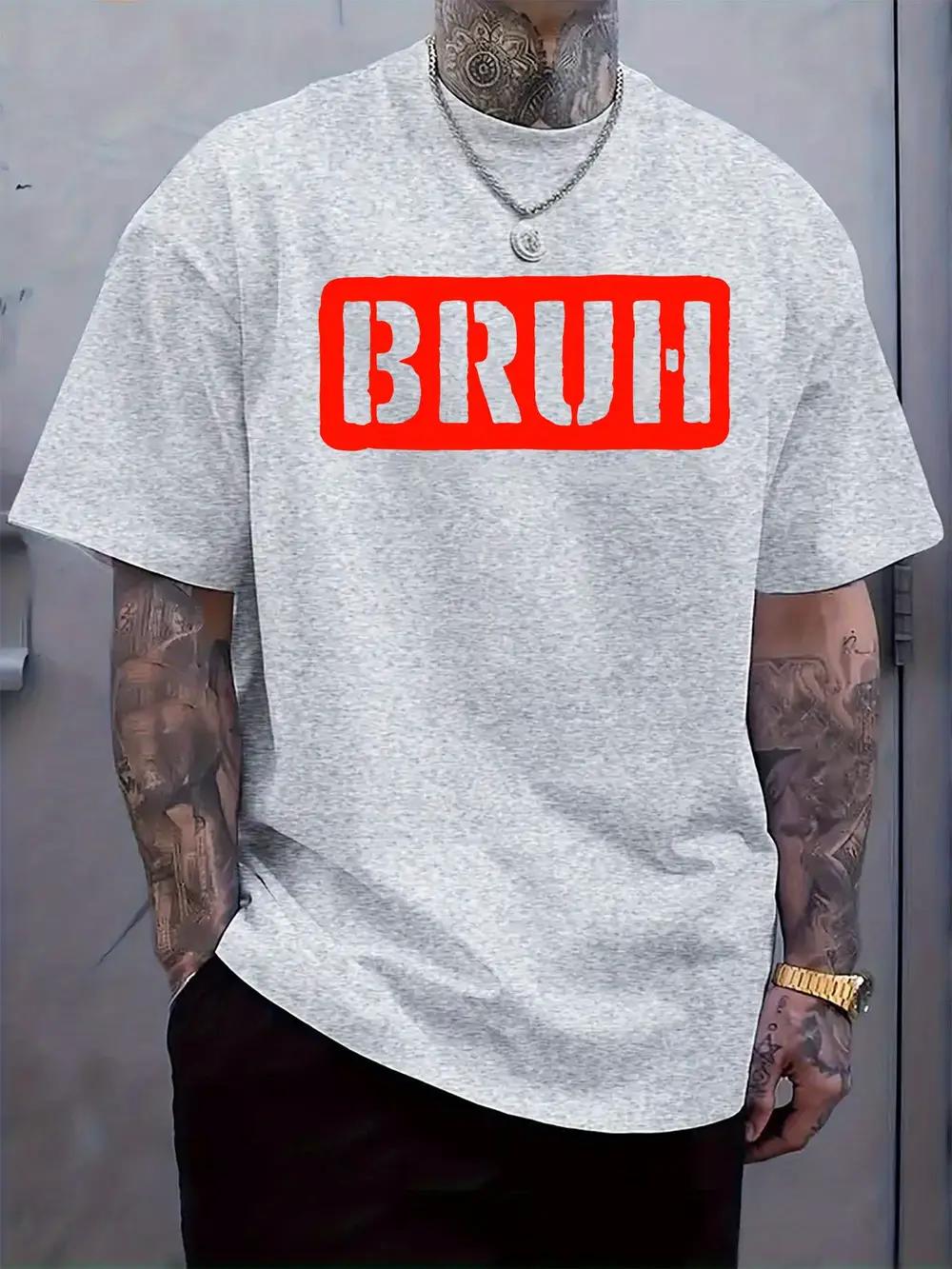 

BRUH Graphic Print Short Sleeve T-shirt - Light Grey with Red Lettering L