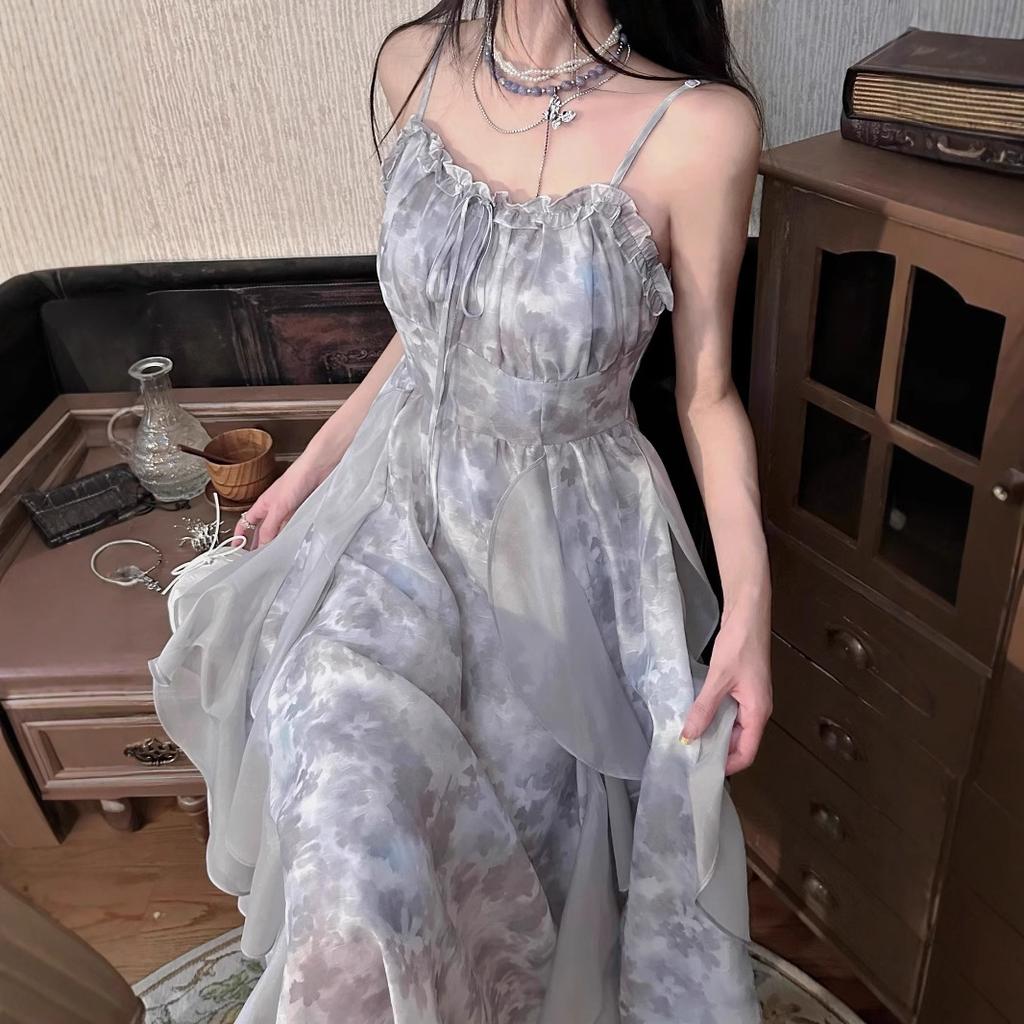 New Misty Rain Ink Dye Gray Tie-dye Suspender Dress Cold Fairy Skirt Summer Cardigan Two-piece Set