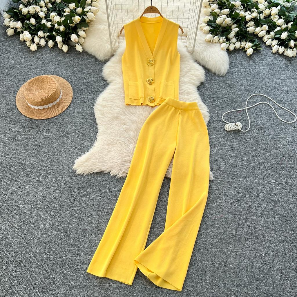 Summer Women Knitted Sweater Tracksuit Sleeveless Big Gold Button Tank Vest Tops and Wide Leg Pant Two Piece Set