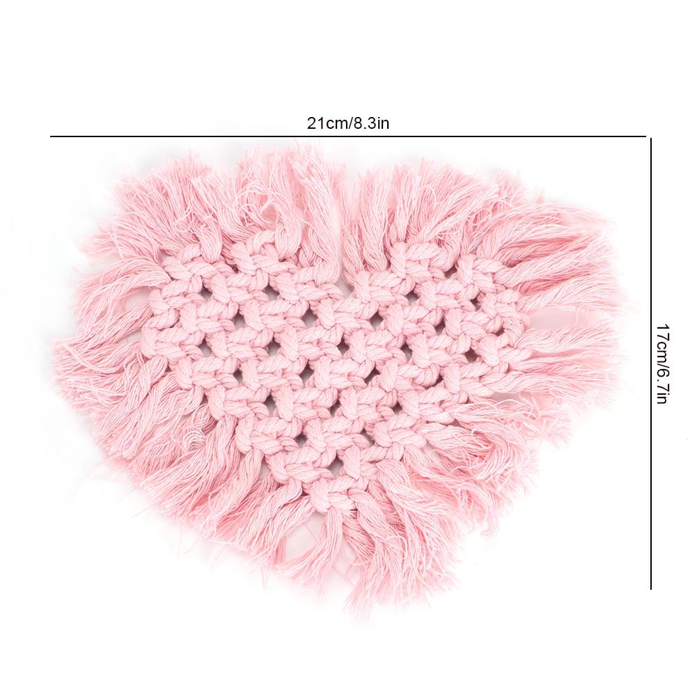 Household Kitchen Cotton Coffee Cup Coaster with Tassel Heat Insulated Pad Placemat Decoration(Pink Heart Shaped)