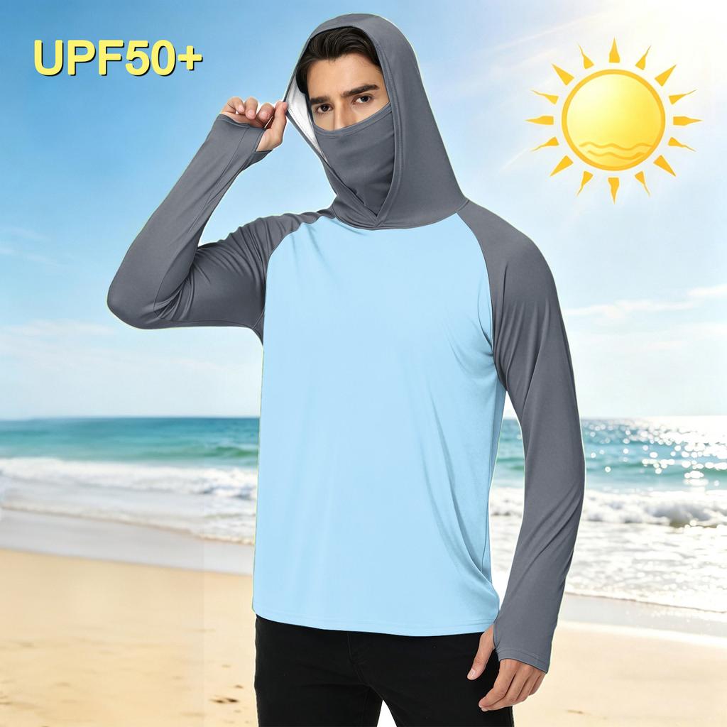Men's Outdoor Hooded Long Sleeve Sun Protection Shirt Lightweight Breathable Quick Dry Sports Top for Hiking Camping Fishing