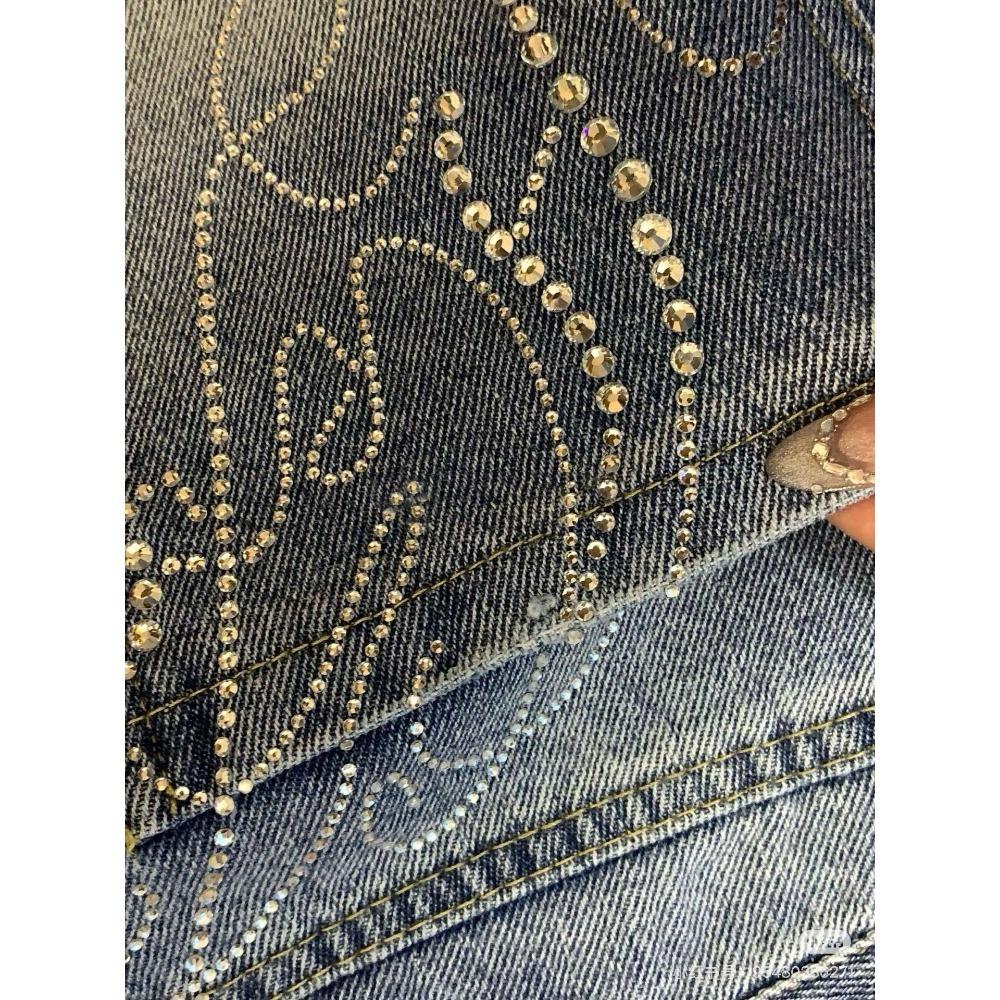 ZYLLO Letter Hot Diamonds High Waited Jeans Woman Street Fashion Baggy Jeans Women Clothing Casual Versatile Pants Women