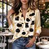 Yellow silk long sleeved lapel shirt cute cat print modern elegance casual fashion seasonal women's clothing versatile style