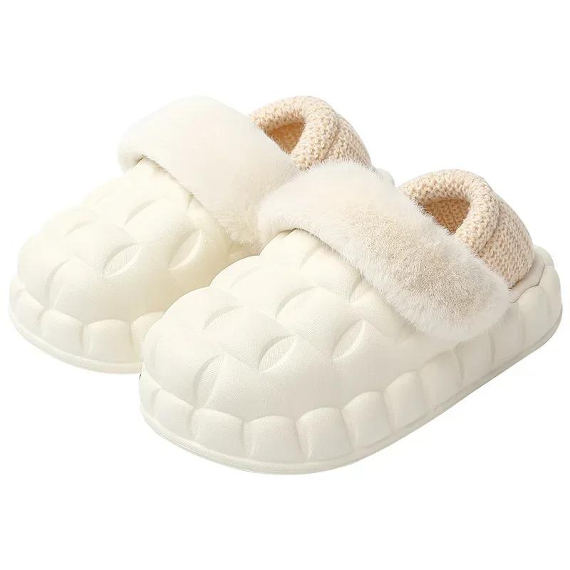 fashion Winter Women Thick Platform Waterproof Slipers Female Simple Non-Slip Flat Slippers Warm Plush Indoor Fur Cotton Shoes 2024