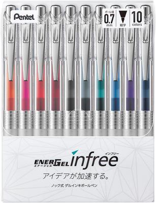 Pentel Gel Ink Ballpoint EnerGel Clear 10 Colors Pen, Infree, 0.7mm, Barrel, BL77TL-10,