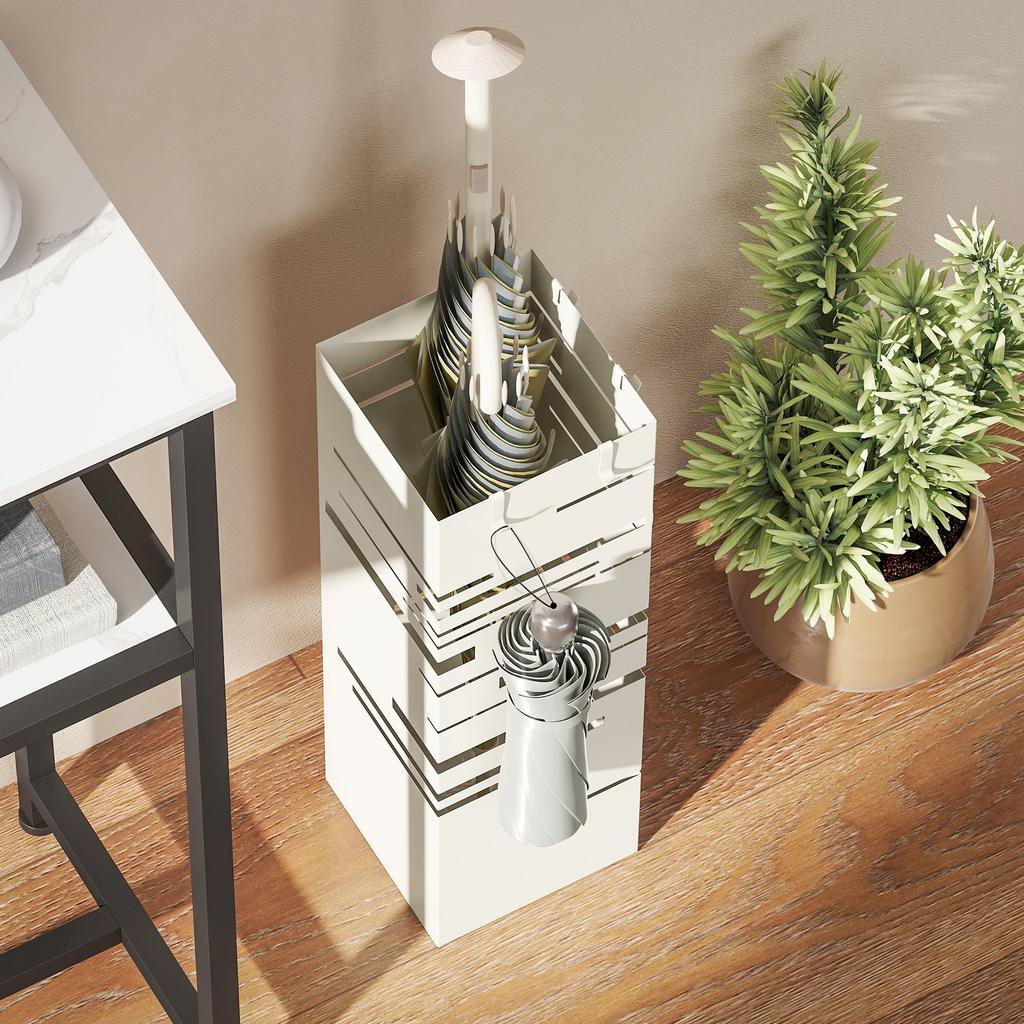 Quadratischer Metall-Schirmständer mit herausnehmbarer Tropfschale und 4 Haken, 15,5x15,5x49 cm, Beige