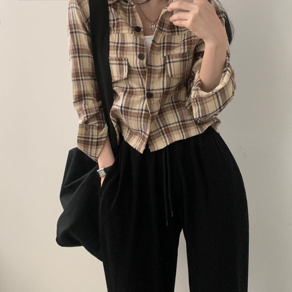 Korean Chic Autumn Short Long Sleeved Checkered Shirt for Women