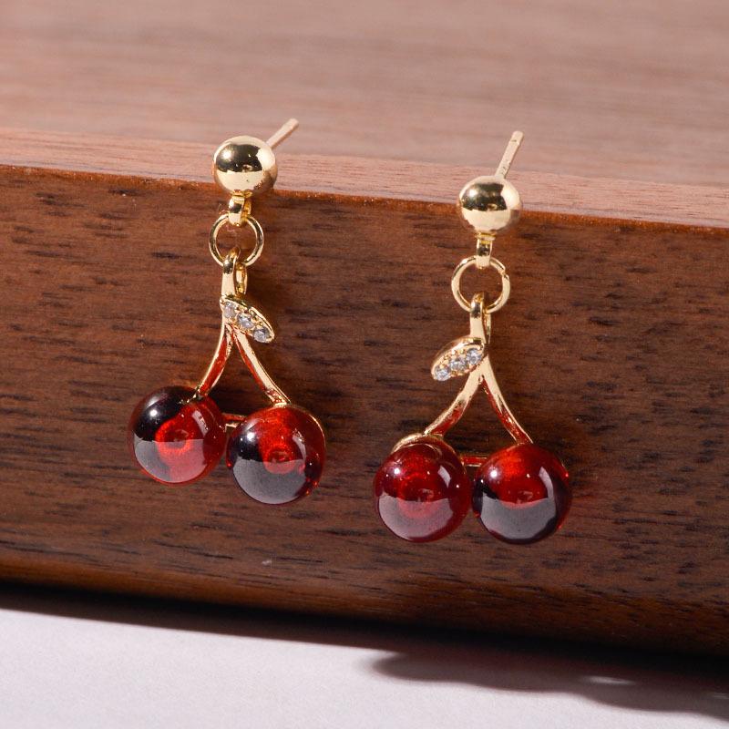 Ladies' Golden Cherry Earrings, Embellished with Red Beads, Simple Style Sweet and Fresh Design, Cute Cherry Shaped Accessories.