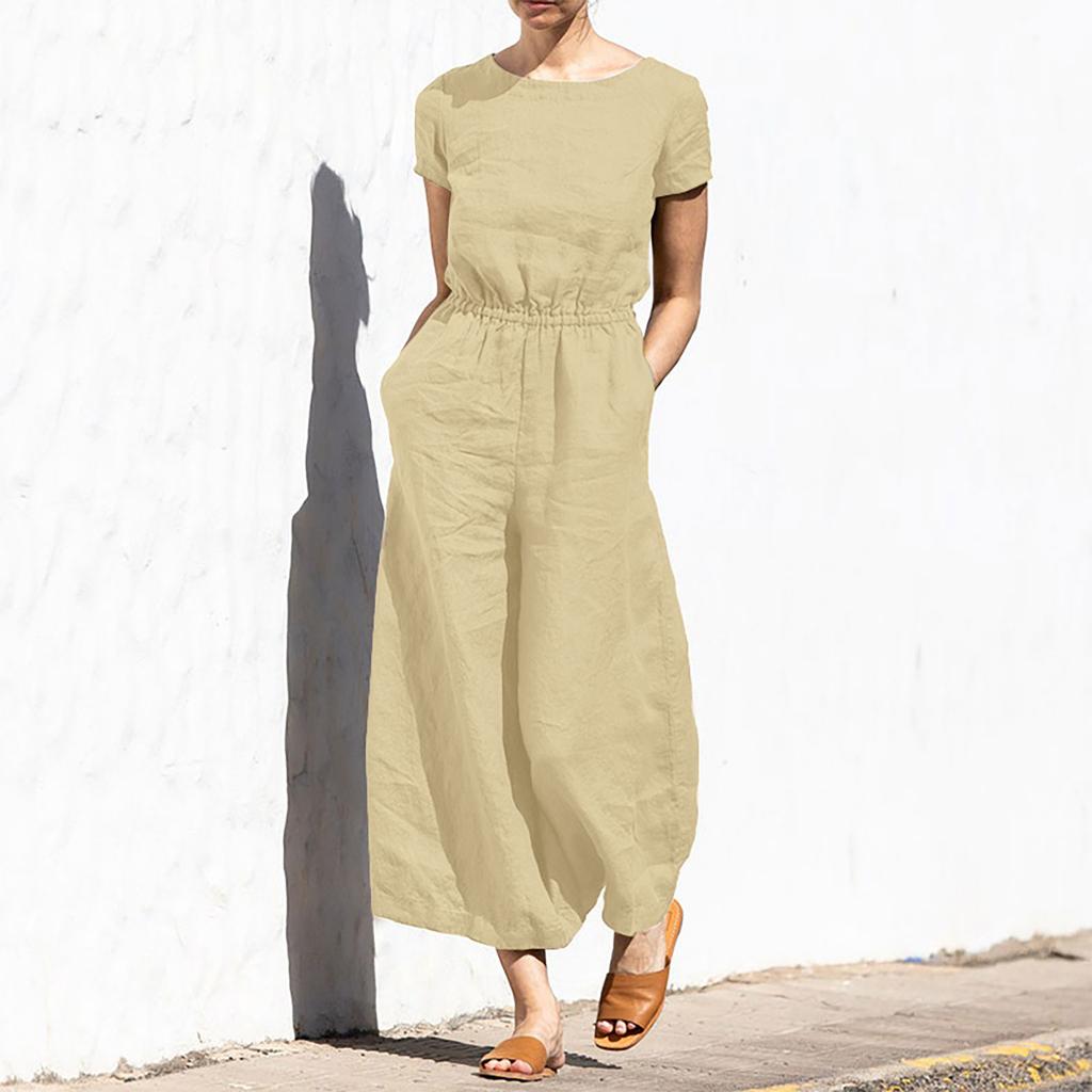 Women's Fashion Loose Casual Solid Color Linen Short Sleeve Temperament Wide-leg Long