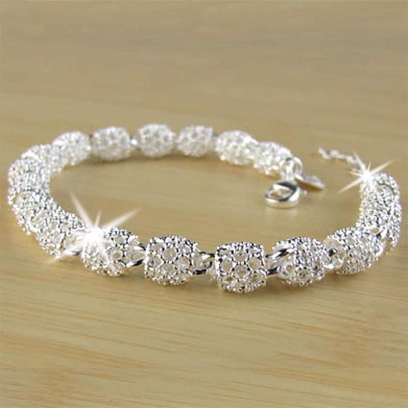 Elegant 925 Sterling Silver Beaded Bracelet with Hollow Ring for Women серебряный