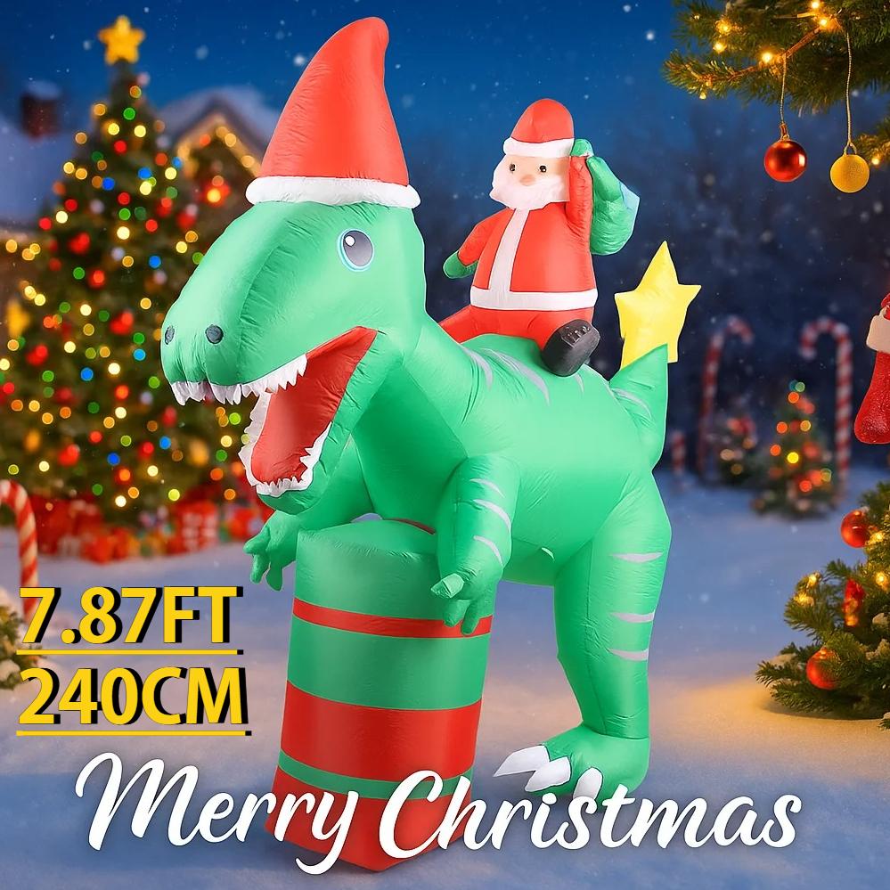 7.87FT LED Light Xmas Inflatable Santa Ride Dinosaur Toy Yard Festive Decor Ornaments Home Party Supplies Christmas Holiday Gift