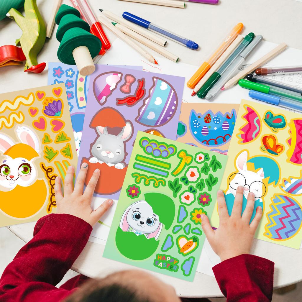 6PCS/Pack Easter Day Cartoon Rabbit Egg Stickers Bunny Make A Face Children's DO IT YOURSELF Puzzle Decals Fun Play Learning