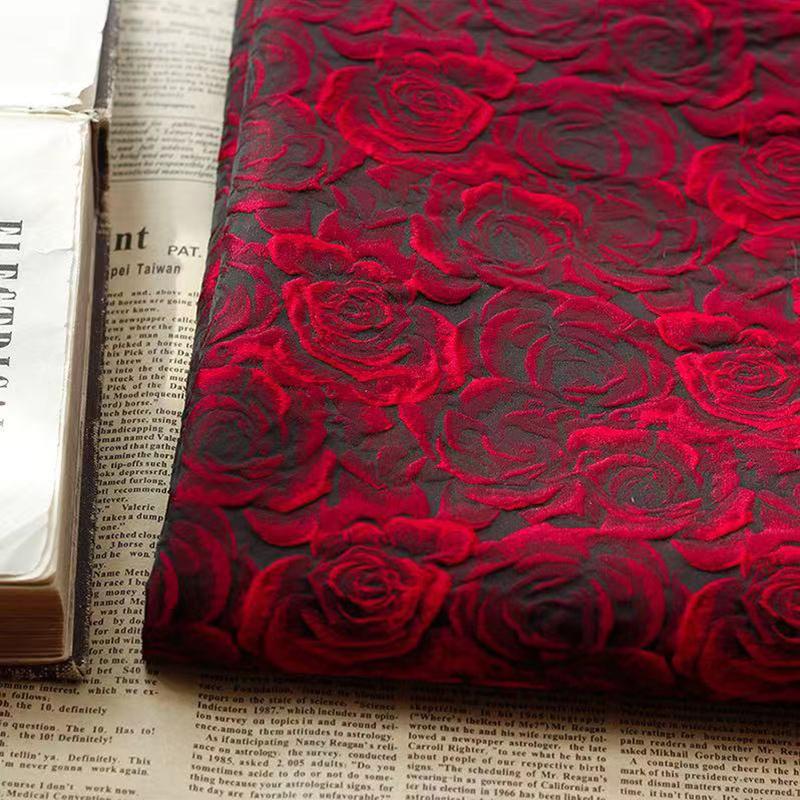 100cm*155cm Rose Jacquard Dyed Fabric Embossed Dark Red 3D Fabric Dark Red Dress Suit DIY Sewing Craft Dress Supplies